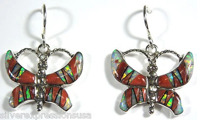 925 Sterling Silver Butterfly Earrings w/ Spiny Oyster Shell & Fire Opal Inlay  - Image 1 of 2