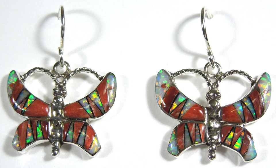 925 Sterling Silver Butterfly Earrings w/ Spiny Oyster Shell & Fire Opal Inlay  - Image 1 of 2