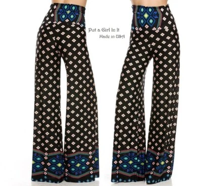 Nuevo PANTALÓN PALAZZO BOHO ALTO AZUL NEGRO JUP PLEGABLE PARA MUJER S M EE. UU. J up Foto 1 de 4