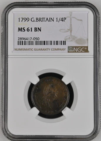 1799 Great Britain Farthing NGC MS 61 BN Cover
