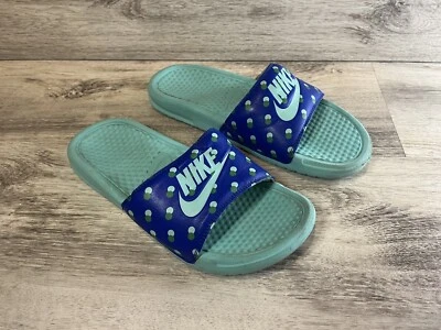 NIKE Women’s Benassi JDI Print Green & Blue Slides Sandals 618919-433 Size 8 - Image 1 of 4
