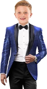 Boys Tuxedo Shiny Sequins Suit for Kids Slim Fit 2 Piece Formal Prom Dress Suit - Picture 1 of 11
