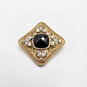 Vintage 1928 Jewelry Brooch Gold Tone Black Clear Rhinestones Diamond Shape
