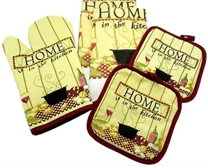 5pc Printed Set: 2 POT HOLDERS,1 OVEN MITT & 2 TOWELS, HOME IS IN THE KITCHEN,HS - Picture 1 of 13