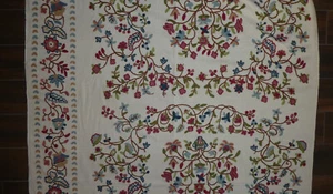 Vintage Crewel Embroidered Wool Cotton Fabric Floral Vine SOLD BY THE HALF YARD - Picture 1 of 20