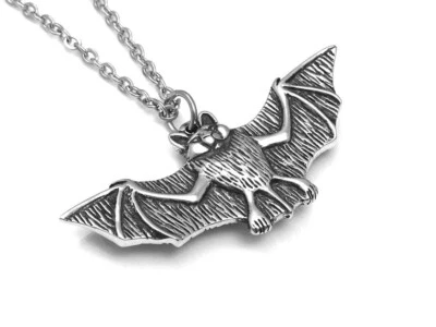 Bat Necklace, Handmade Halloween Pendant Animal Jewelry in Pewter - Image 1 of 4