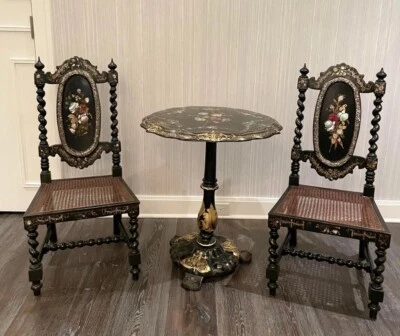 Café de papel maché victoriano estilo Jennens & Bettridge del siglo XIX de 3 piezas Foto 1 de 4