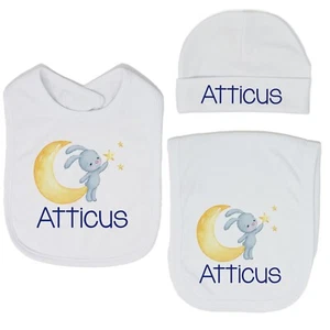 Conjunto de babero y tela eructa personalizada Moon Bunny para bebé niño VS2 - Imagen 1 de 26