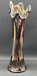 MCM Fenton Diamond Rib Amethyst Carnival Glass Mid Century Vintage Swung Vase - Picture 1 of 7