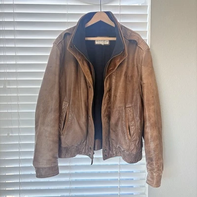 Lone Pine Brown Leather Bomber Jacket Lined Cashmere Wool Blend Coat Mens Sz 48 - Image 1 of 4