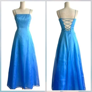 Y2K Blue Formal Dress Gown Ombre Rhinestones Sparkle Laceup Back Sz M 8 10 2000s - Picture 1 of 19