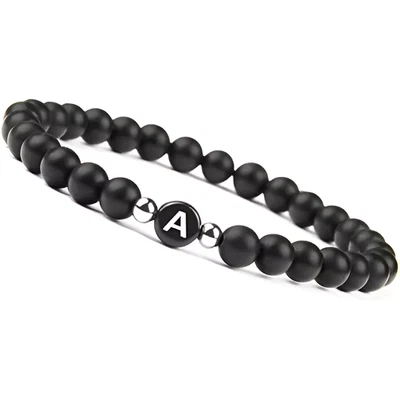 Bracciale con Iniziale Perle Onice Nero Lettera nome braccialetto da Uomo Donna - Immagine 1 di 4