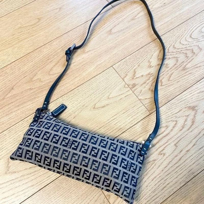 FENDI Mini Canvas & Leather Shoulder Pouch Navy Beige Accessory Bag from Japan - Image 1 of 4