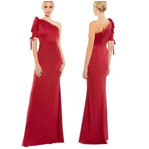 Mac Duggal NWT One Shoulder Tie Puff Sleeve Satin Trumpet Gown Deep Red Size 8 - Picture 1 of 9
