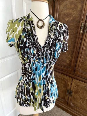 Vintage Y2K Babydoll Top Green Blue Ruffle Front V Neck Back Tie Stretch S Boho - Image 1 of 4