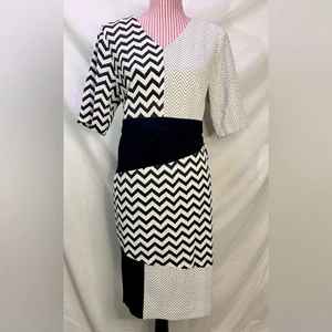 Black White Funky Retro Dress Chevron Print Eclectic Mod Knit Sheath Sz Large XL - Picture 1 of 11