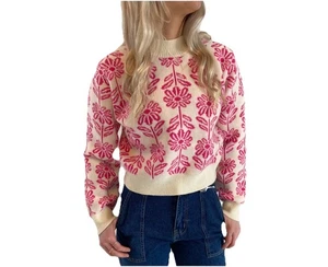 &merci Pink Floral Cropped Knit Sweater Crew Neck Long Sleeve Women’s Size Large - Picture 1 of 9