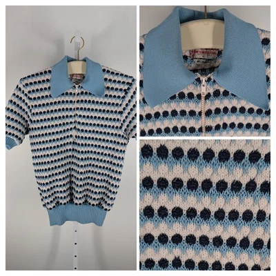 Camisa Polo Vintage McGregor Tejida Años 60 70 Mod Geométrica Azul Blanco Palomitas XL Foto 1 de 4