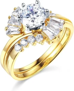 Juego de anillos de compromiso de oro amarillo real de 14K simulado de 3,20 quilates alianza a juego - Imagen 1 de 3