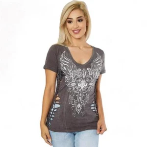 Camiseta para mujer Affliction Angelica carbón lava lavado encaje estrás Y2K XS-XL - Imagen 1 de 3