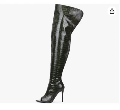 女士大腿过膝靴,有毒人造蛇 8 码橄榄色 — 第 1/4 张图片