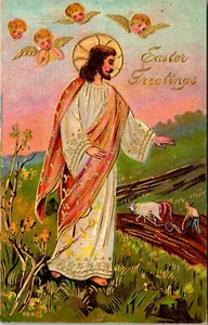 Carte postale Jésus Christ chérubin anges fermier bœufs Pâques en relief doré - Photo 1/2