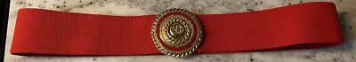 Vintage 1980's Elastic Stretch Belt - Nan Lewis RED  Gold Medllion  Buckle - Image 1 of 3