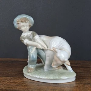 Global Art Hand Painted Japan Figurine Boy Being Pulled By Cow Read Description  - Picture 1 of 12