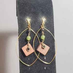 Dangle Beaded Earrings Gold Tone Retro Brutalist Modernist Boho Pierced 2.75" - Picture 1 of 9