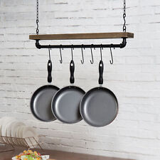 MyGift Industrial Pipe and Wood Ceiling Mounted Hanging Pot Rack with 8 S-Hooks