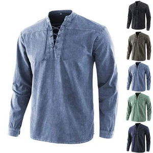 Men's Plain Lace Up Long Sleeve T-Shirts Tops Retro Casual Pullover Shirt Tee - Picture 1 of 14