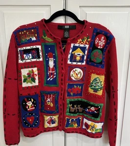 Segue Mujer Rojo Feo Navidad Suéter Vintage Cárdigan Aplique - Pequeño - Imagen 1 de 9