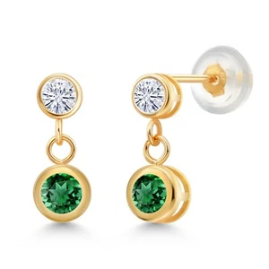 14K Yellow Gold Dangle Earrings Round Nano Emerald Moissanite (0.80 Cttw) - Picture 1 of 5