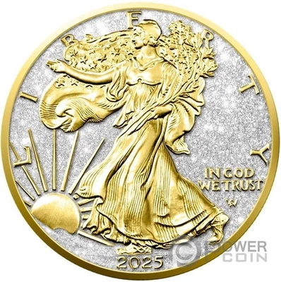 WALKING LIBERTY Diamond Dust Gold 1 Oz Silver Coin 1$ USA 2025 - Image 1 of 4