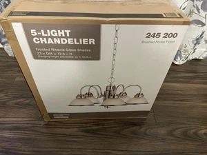 Halophane 5-Light Brushed Nickel Chandelier with Frosted Ribbed Glass Shades - Picture 1 of 4