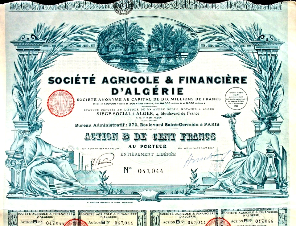 Soc Agricole & Financière d' Algérie acciones + cupones Argel 1928 Argelia África Foto 1 de 1