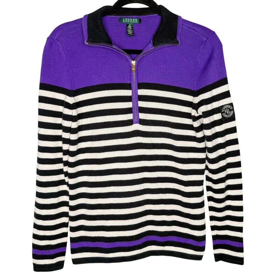 Suéter Lauren Ralph Lauren Mujer Talla M Púrpura Rayas 1/4 Cremallera Pullover Preppy Foto 1 de 4
