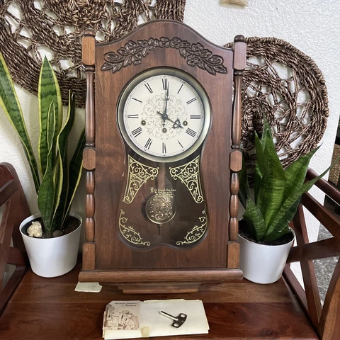 Vintage Ezee-Set Ansonia Wood Wall Clock Pendulum Model # 700 Series with Key Cover