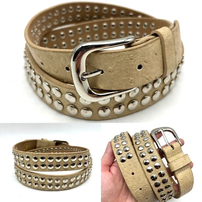 NUEVO Cinturón Hecho a Mano Beige Pluma de Avestruz Cuero 2 Filas Cono Tachuelas Talla M 33-37" Foto 1 de 4