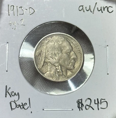 1913-D Type 2 Buffalo Nickel Choice AU/UNC -One Of The Key Dates! Cover