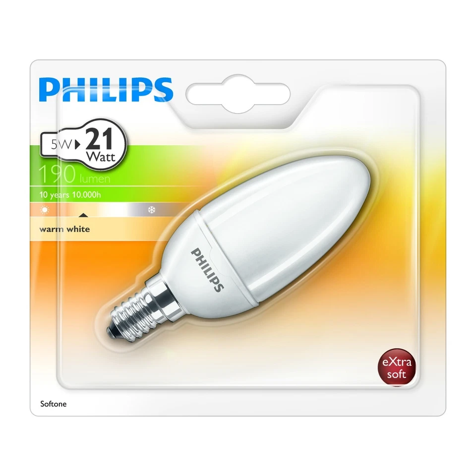 Philips Softone Candle energy saving bulb 5w SES E14 Extra Softone 190lms 10year - Image 1 of 1