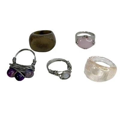 Lote de 6 anillos de moda: envueltos en alambre, madera y vidrio cóctel declaración artesanía Foto 1 de 4