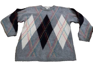 Vtg Casual Corners Preppy Gray black red teal white Angora Soft Argyle Sweater M - Picture 1 of 19