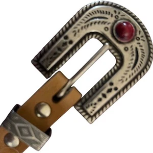 Western Mexican Silver Stamped Design Detailed Skinny Belt Red Stone 30" - Picture 1 of 12