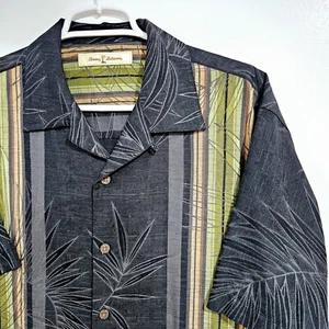 Tommy Bahama Shirt - Men's Small 100% Silk Black Embossed Leaves Camp Hawaiian - Picture 1 of 6