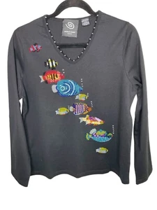 1147. Michael Simon Event Beaded Fish Design Long Sleeve Vintage CUTE Sz L - Picture 1 of 7