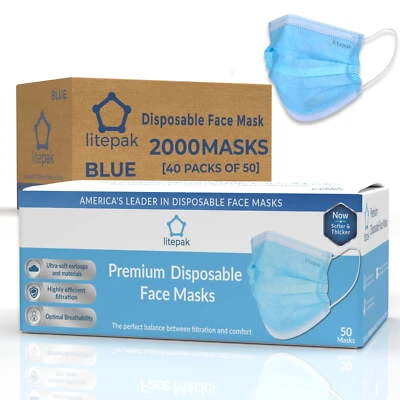 Litepak 2000pcs Disposable Face Masks Black 3-Ply Adult Mask with Nose Wire - Image 1 of 4