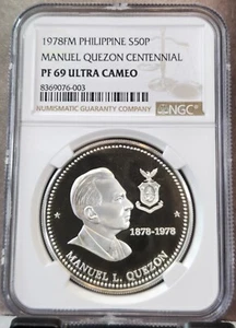 1978 PHILIPPINES SILVER 50 PISO MANUEL QUEZON CENTENNIAL NGC PF 69 ULTRA CAMEO - Picture 1 of 3
