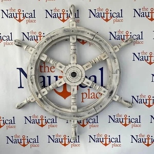 24 Zoll Holz Schiffsrad mit Messing Mitte - Distressed White Wash Finish - groß - Bild 1 von 7