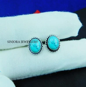 Turquoise Gemstone 925 Sterling Silver Handmade Jewellery Stud Earrings - Picture 1 of 4